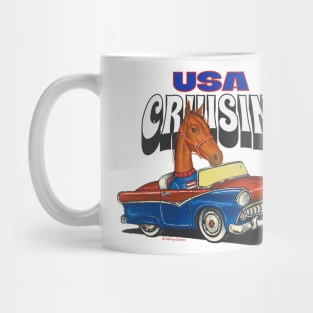 Cute Horse driving funny vintage car through the USA Mug